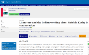 Vanessa Guignery, “Literature and the Indian working class: Mridula Koshy in conversation” Journal of Postcolonial Writing, January 2023