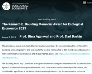 [Congratulations!] Prof. Bina Agarwal for receiving the Kenneth E. Boulding Memorial Award for Ecological Economics 2023.